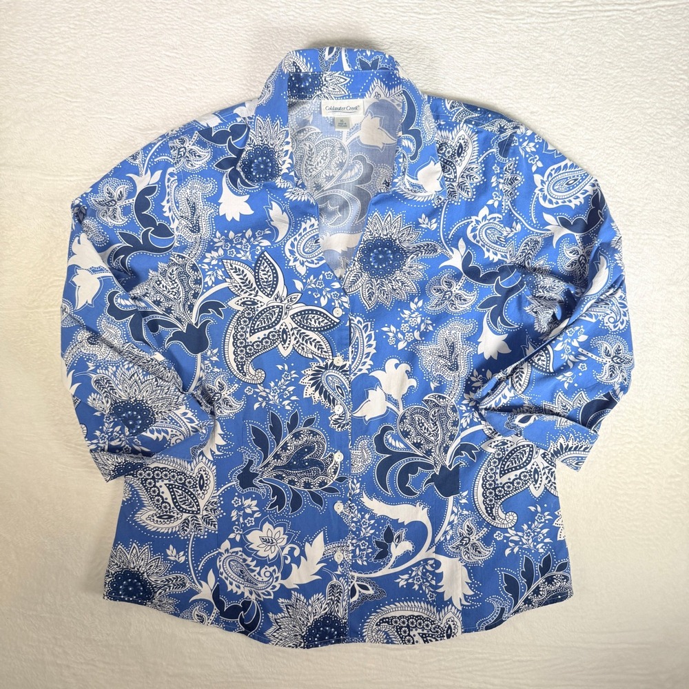 Coldwater Creek Women's Blue Paisley Floral Button Up V Neck XL 100% Cotton